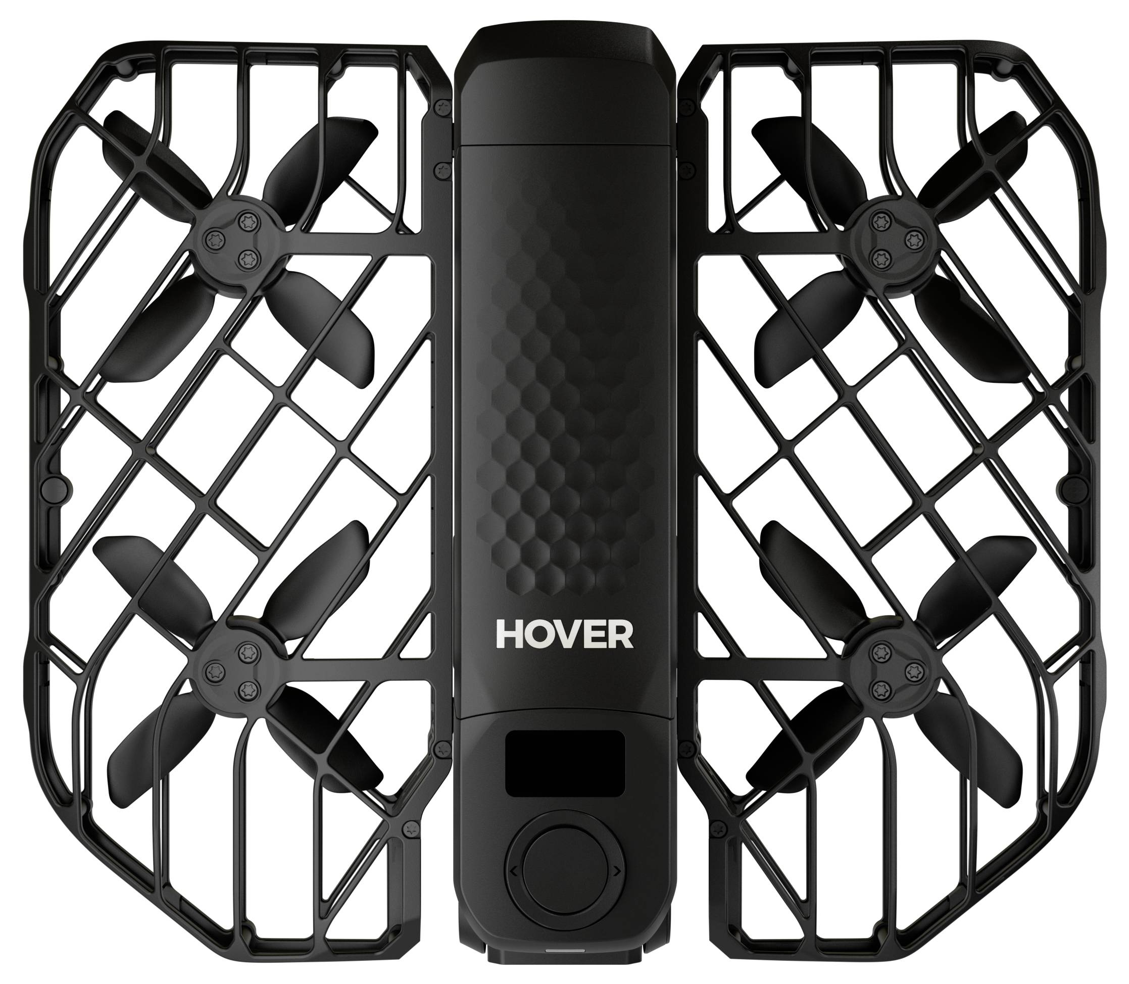 Een compacte zwarte drone met vier propellers, ingesloten in een beschermende behuizing, met het merk 'HOVER' bovenop.