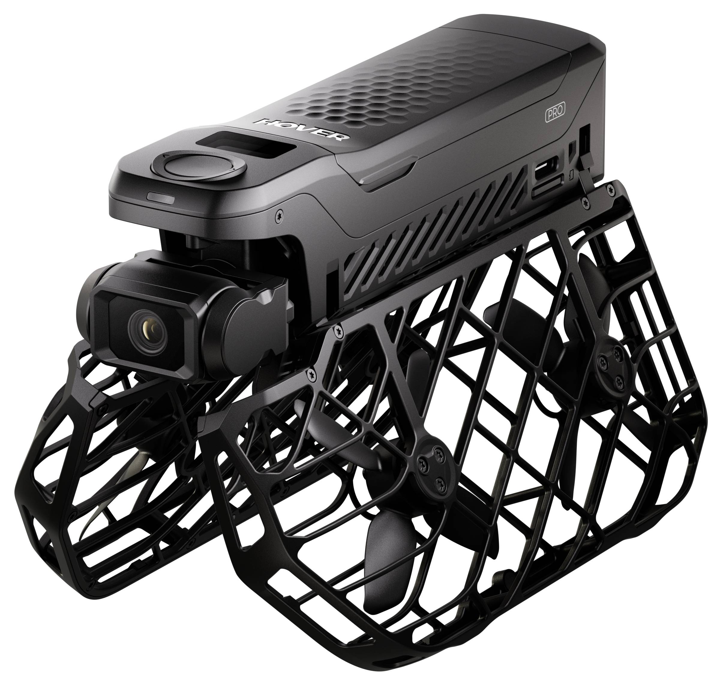 Een zwarte cameradrone met propellers ingesloten in een beschermend roosterontwerp, ontworpen voor veilig gebruik binnenshuis.