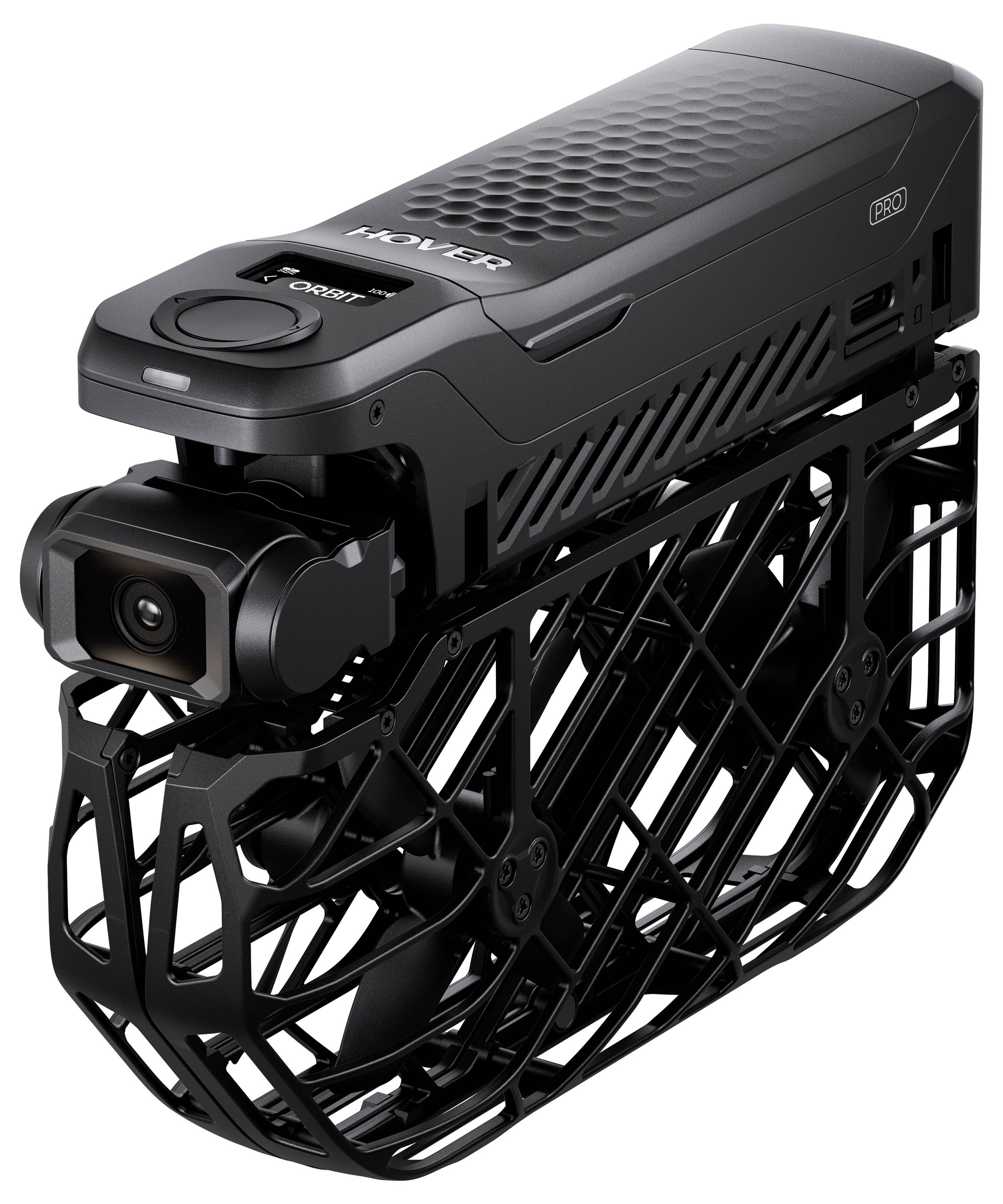 Een compacte, zwarte drone-camera met een beschermende kooi rond de propellers, ontworpen voor veilig gebruik binnenshuis.