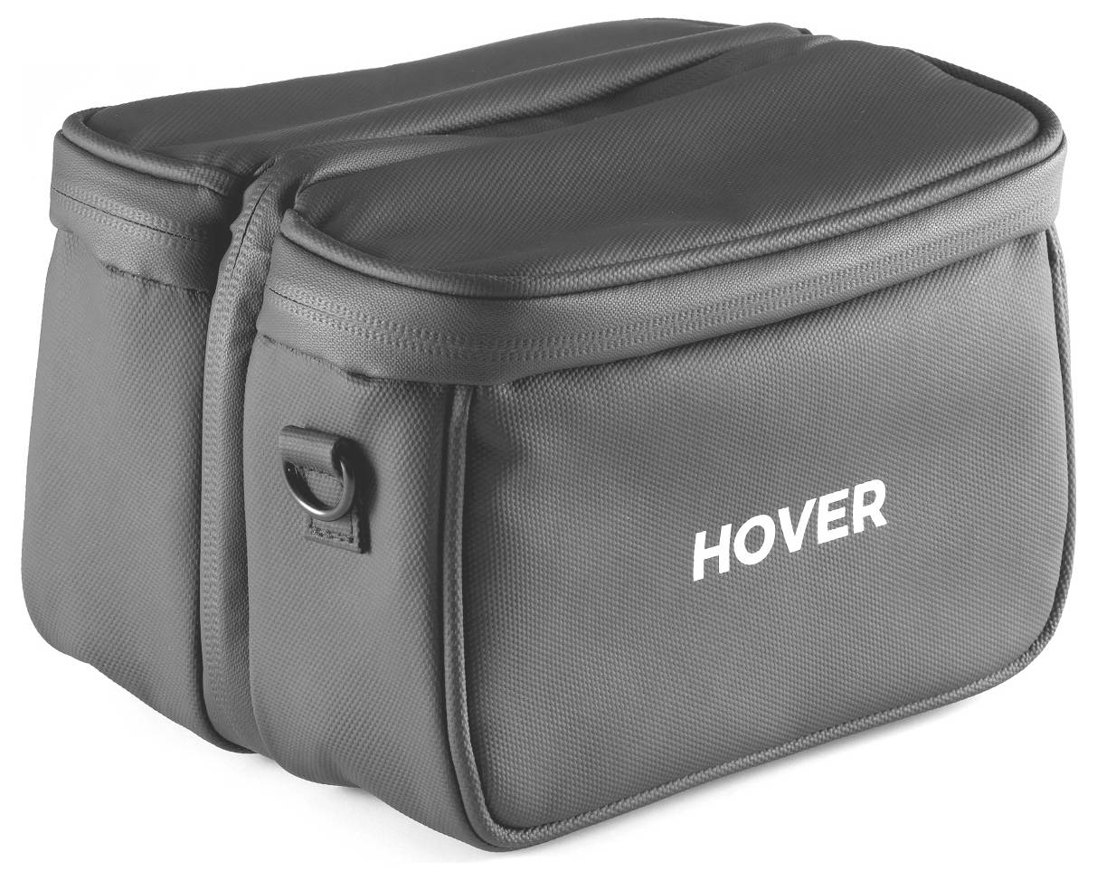 Een grijze opbergtas met het woord 'HOVER' in wit afgedrukt op de voorkant, voorzien van een draagriem aan de zijkant.