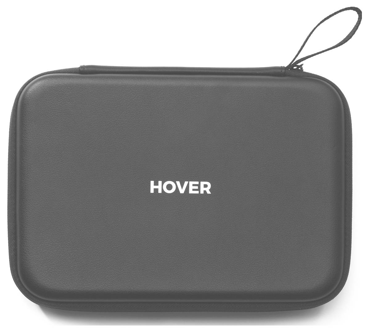 Een zwarte ritssluiting tas met het woord 'HOVER' in het wit afgedrukt op de voorkant.