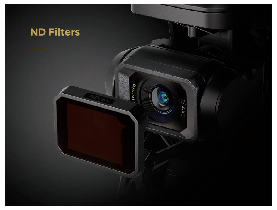 Een drone-camera met 'ND Filters' tekst en een zichtbaar bevestigde neutrale-dichtheidsfilter.