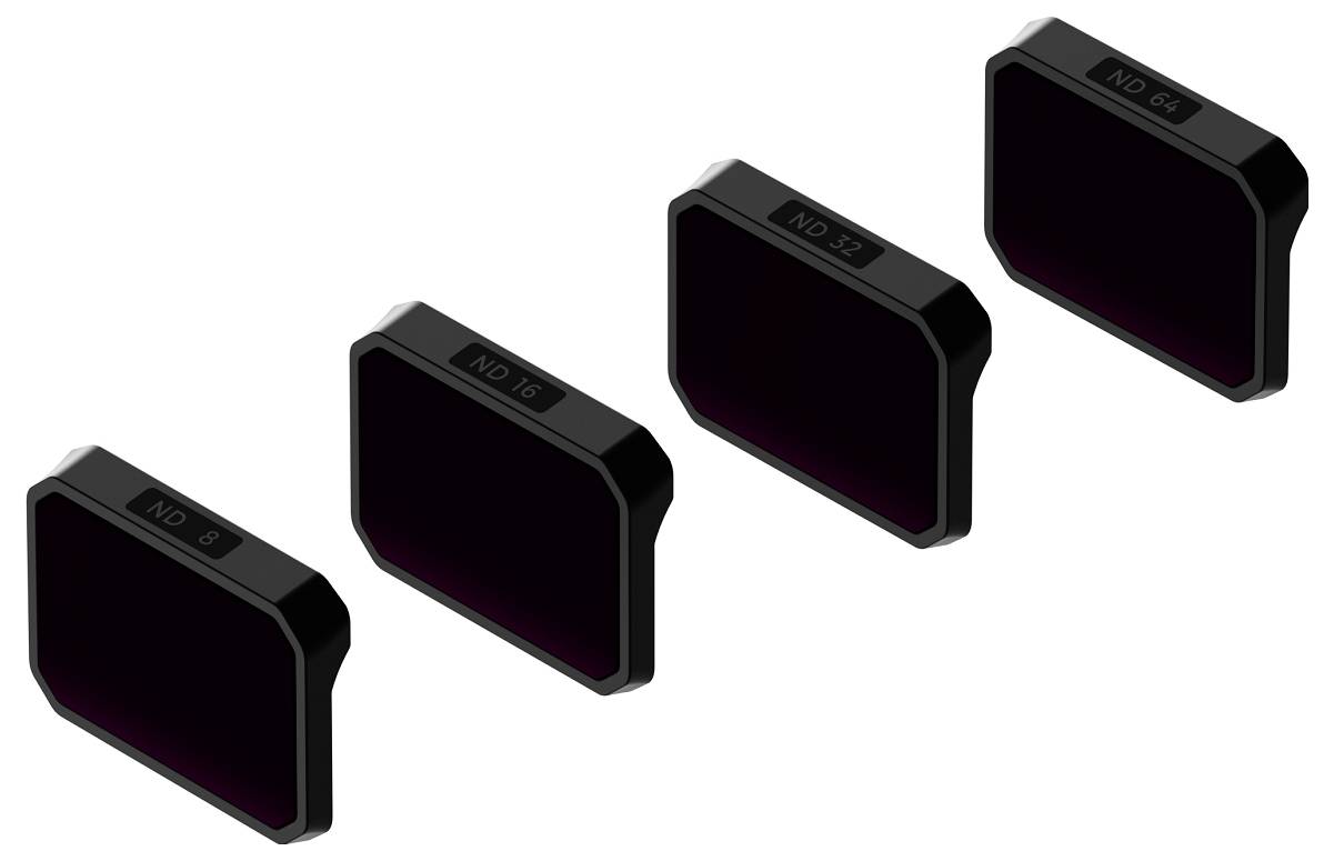 'Vier zwarte ND-filters gemerkt als ND 8, ND 16, ND 32, ND 64, diagonaal gerangschikt in oplopende volgorde.'