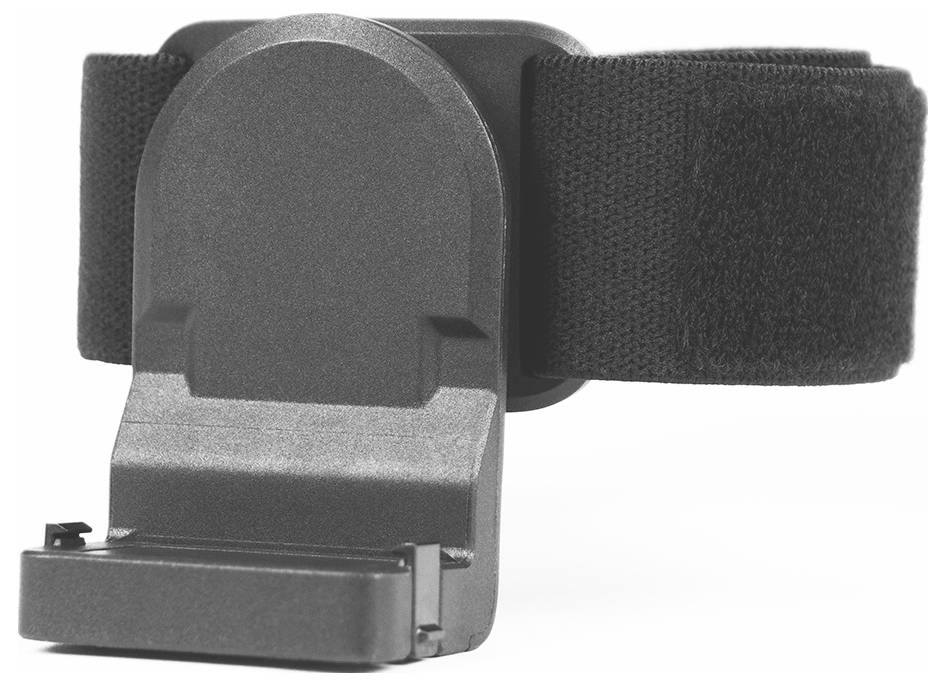 Een zwarte verstelbare armband met een geïntegreerde bevestiging, ontworpen om een apparaat stevig vast te houden.
