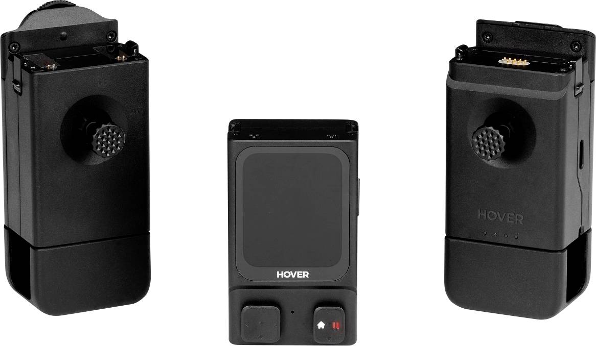 De afbeelding toont drie zwarte elektronische apparaten met het label 'HOVER'. Het centrale apparaat is rechthoekig en compact, terwijl de andere twee draaiknoppen en aansluitingen hebben, wat mogelijk wijst op bevestigingen of toebehoren.