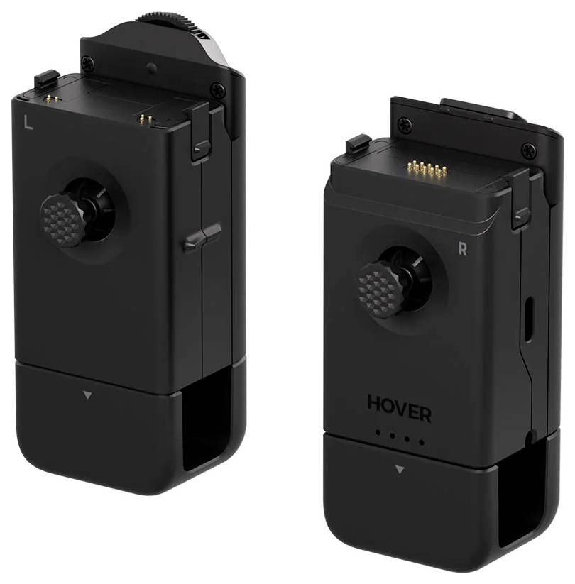 Twee afneembare zwarte joystickmodules gemerkt als 'L' en 'R', ontworpen voor Hover-apparaten, voorzien van oplaadconnectoren en ergonomische handgrepen.
