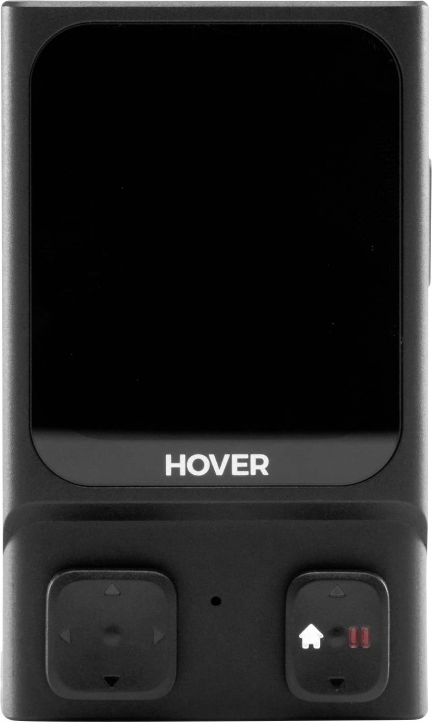 Handheld apparaat met een zwart scherm met het label 'HOVER', met twee knoppen: één met een huispictogram en een andere met twee rode balken.