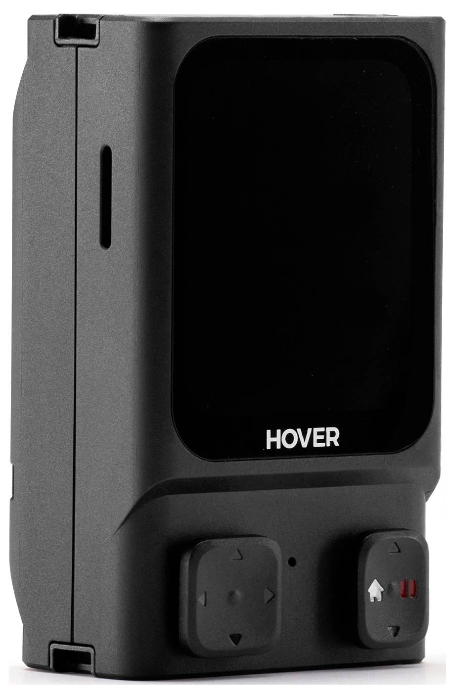 Een compacte zwarte elektronische apparaat met het label 'Hover', voorzien van twee kleine bedieningsknoppen onderaan met pijlindicatoren.