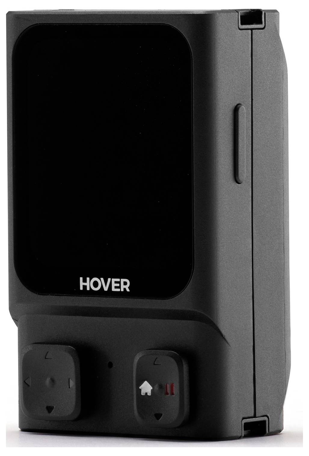 Een klein zwart elektronisch apparaat met het label 'Hover', met twee vierkante knoppen met pijlsymbolen aan de voorkant onderaan.