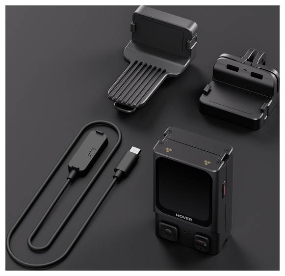 Een modulair camerasysteem met een hoofdeenheid, verwisselbare bevestigingen en een USB-kabel, ontworpen voor veelzijdig gebruik en eenvoudige bevestiging.