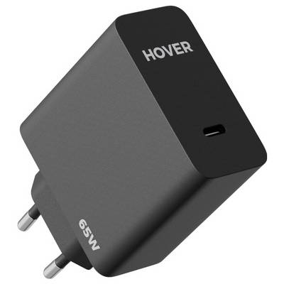 Een zwarte wandlader met de tekst 'HOVER' bovenaan en '65W' aan de zijkant. Het apparaat beschikt over een enkele USB-C-poort, ontworpen voor snel laden.