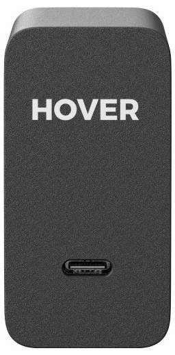 'Een zwart apparaat met het label HOVER met een USB-C-poort onderaan.'