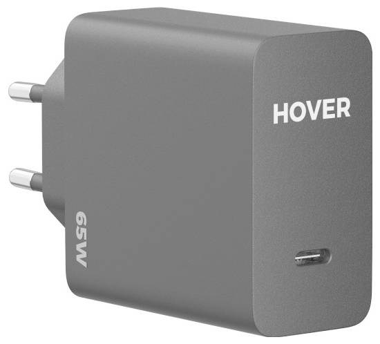 Een grijze 65W-voedingsadapter met een USB-C-poort met het label 'HOVER'.