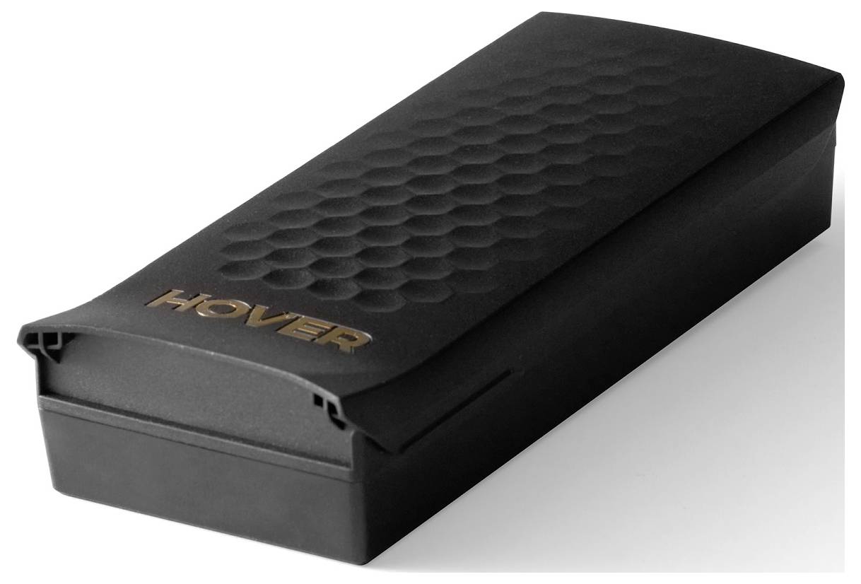 Een zwart rechthoekig apparaat gelabeld 'Hover' met een gestructureerde oppervlakte, dat lijkt op een externe harde schijf of powerbank.