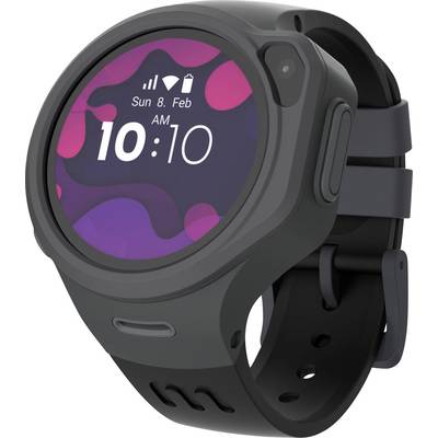 Een digitaal horloge dat 'Zon 8. Feb' en '10:10 AM' op zijn display toont, met abstracte roze en paarse vormen op de achtergrond.