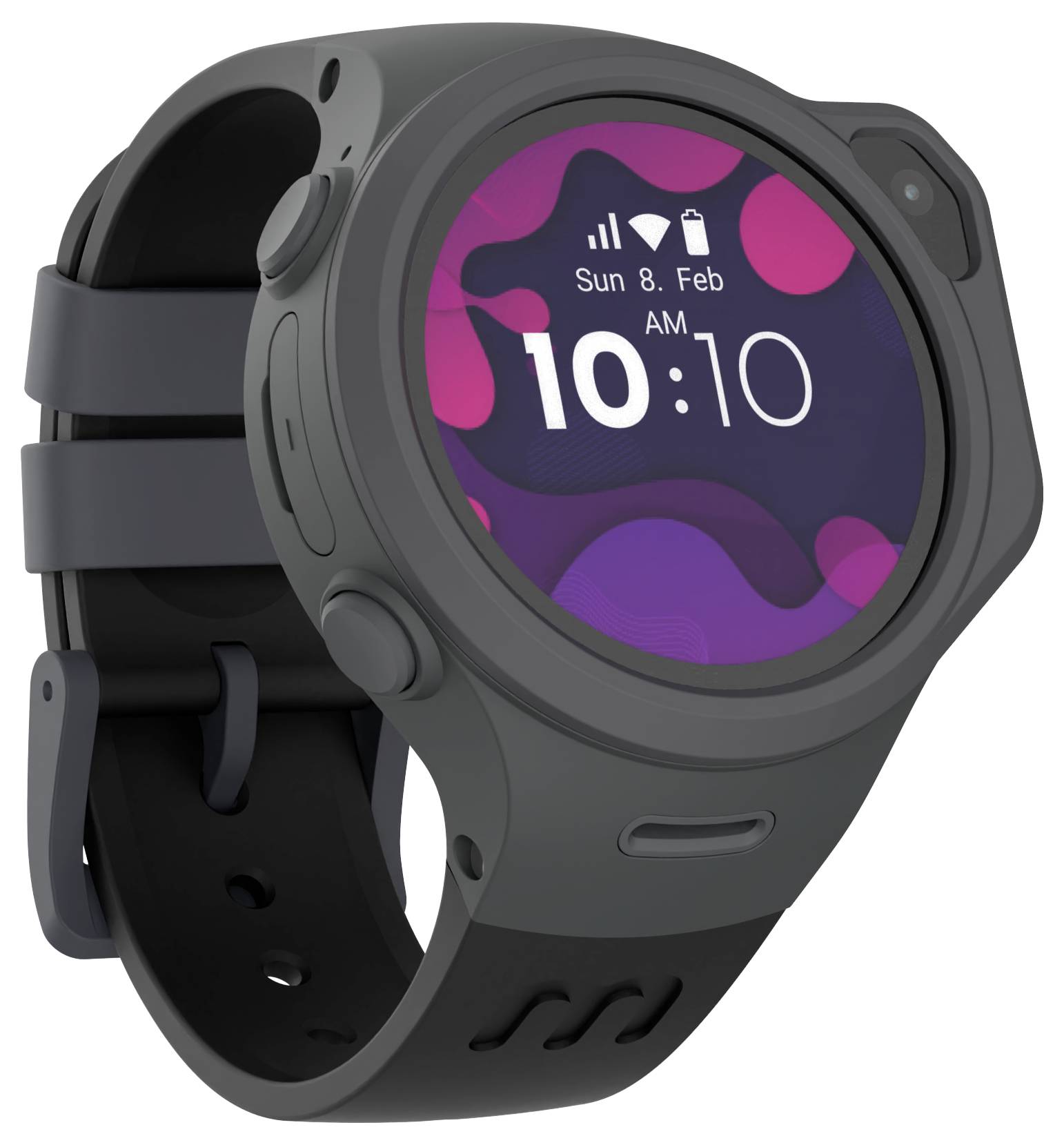Een zwarte smartwatch met een rond gezicht toont de tijd '10:10 AM' en de datum 'Zon 8 feb'. Het schermoppervlak heeft een paars en roze abstracte ontwerp.