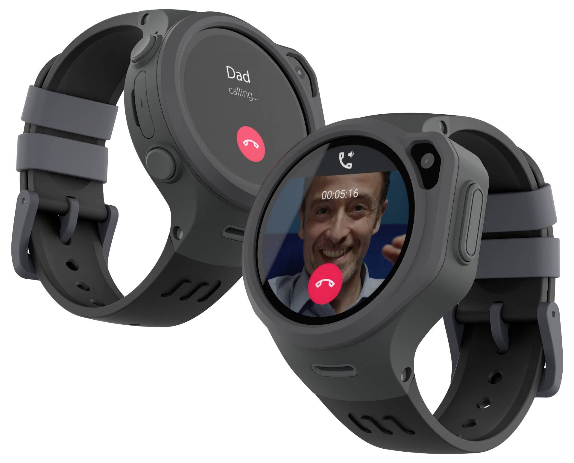 Circulaire smartwatch toont een videogesprek met een lachende man, gelabeld als 'Papa belt,' op een donkere band.