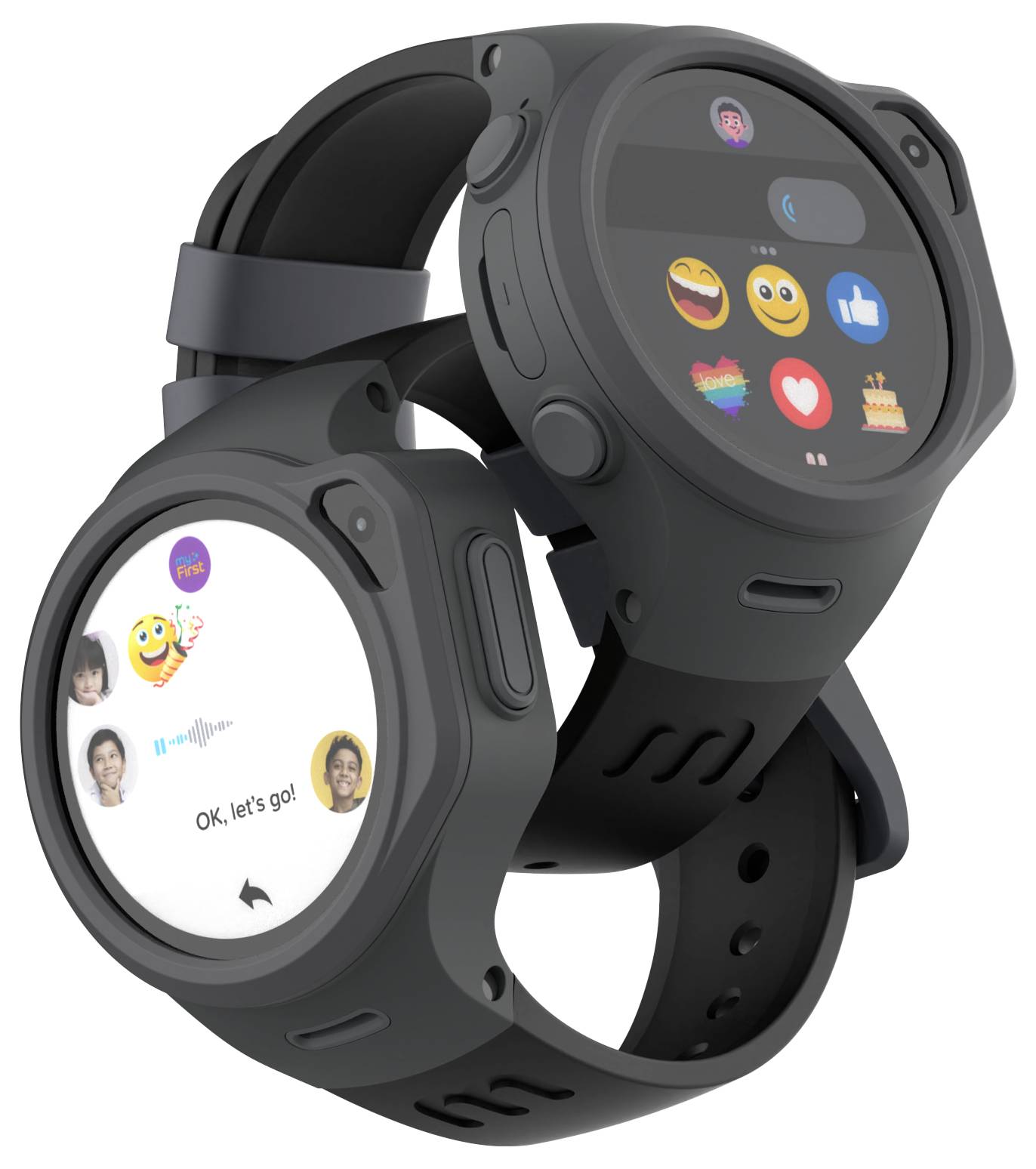 Twee zwarte smartwatches met emoji- en berichtinterfaces, waarop communicatiefuncties en app-gebruik op digitale schermen worden getoond.
