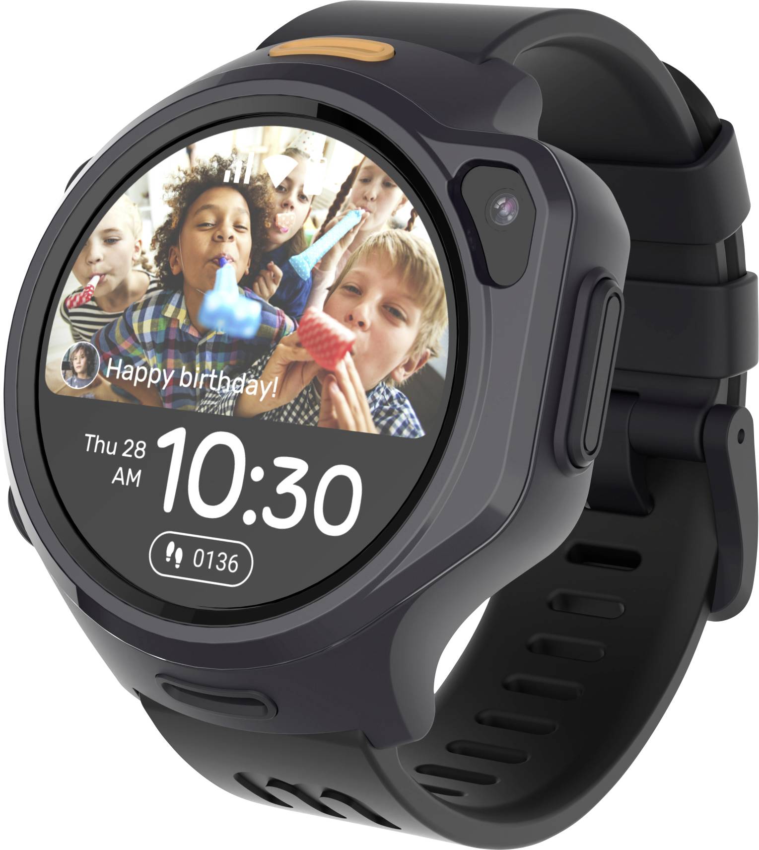 Smartwatch met een digitale klok die '10:30' aangeeft, met een groepsfoto van kinderen die een verjaardag vieren. Tekst op het scherm zegt 'Hartelijk gefeliciteerd!'.