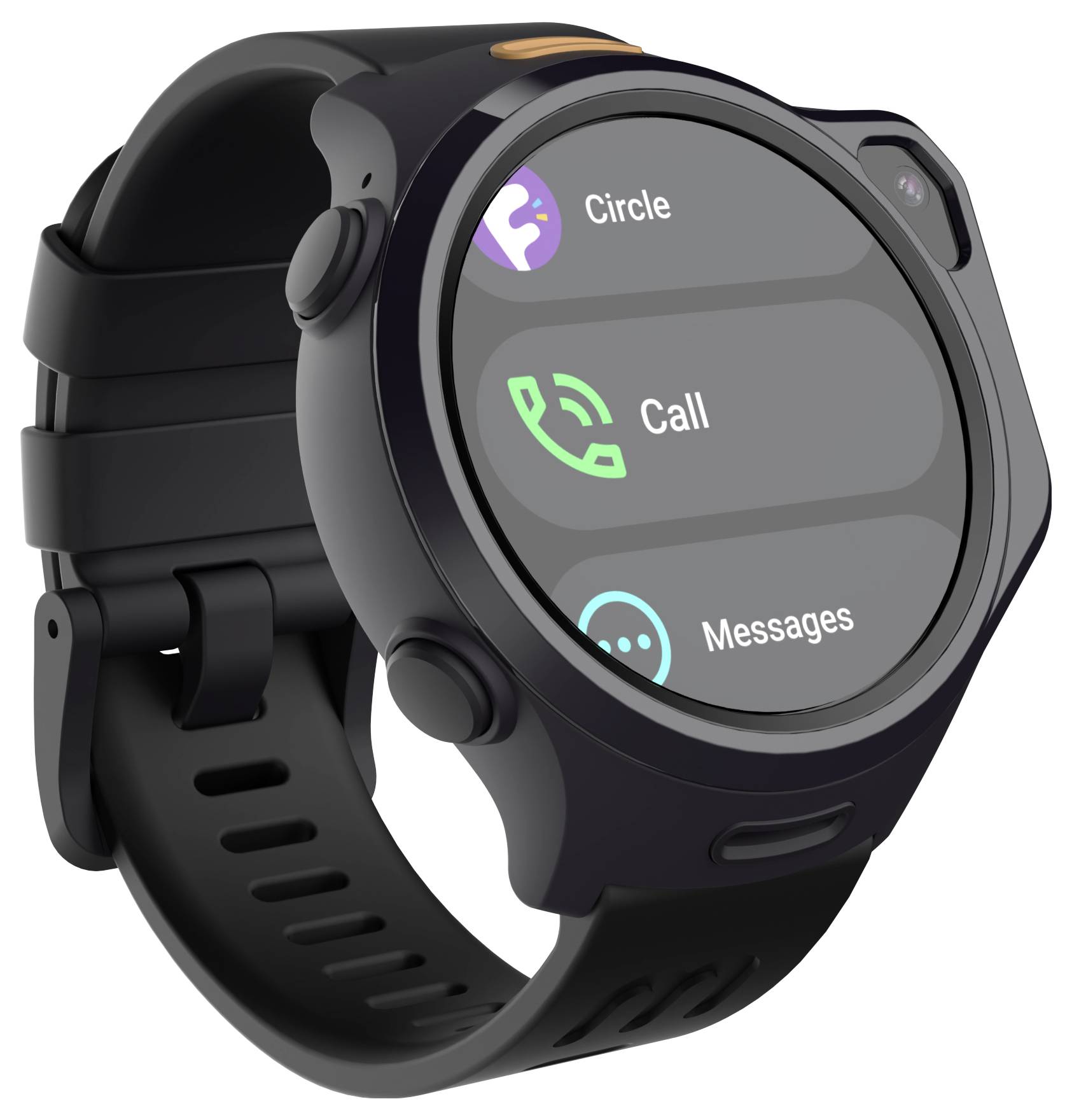 Een zwarte smartwatch met drie pictogrammen op het scherm: 'Cirkel', 'Bellen' en 'Berichten', met knoppen aan de zijkant.