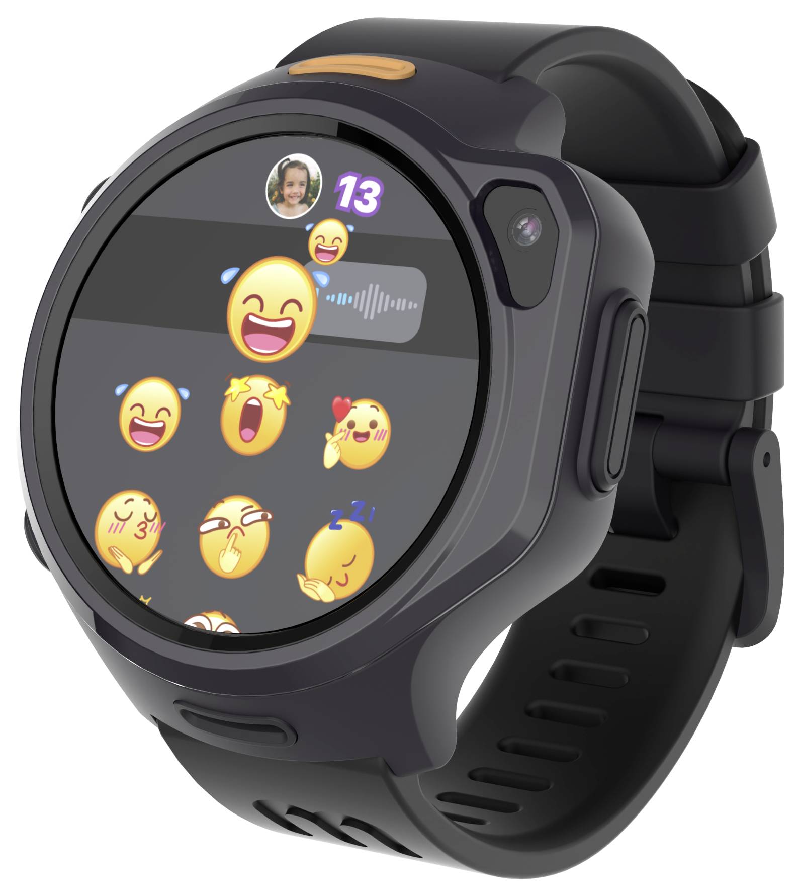 Een smartwatch-display toont verschillende emoji's, met een getal '13' in de rechterbovenhoek. Het scherm heeft een kleine foto-icoon in de hoek.