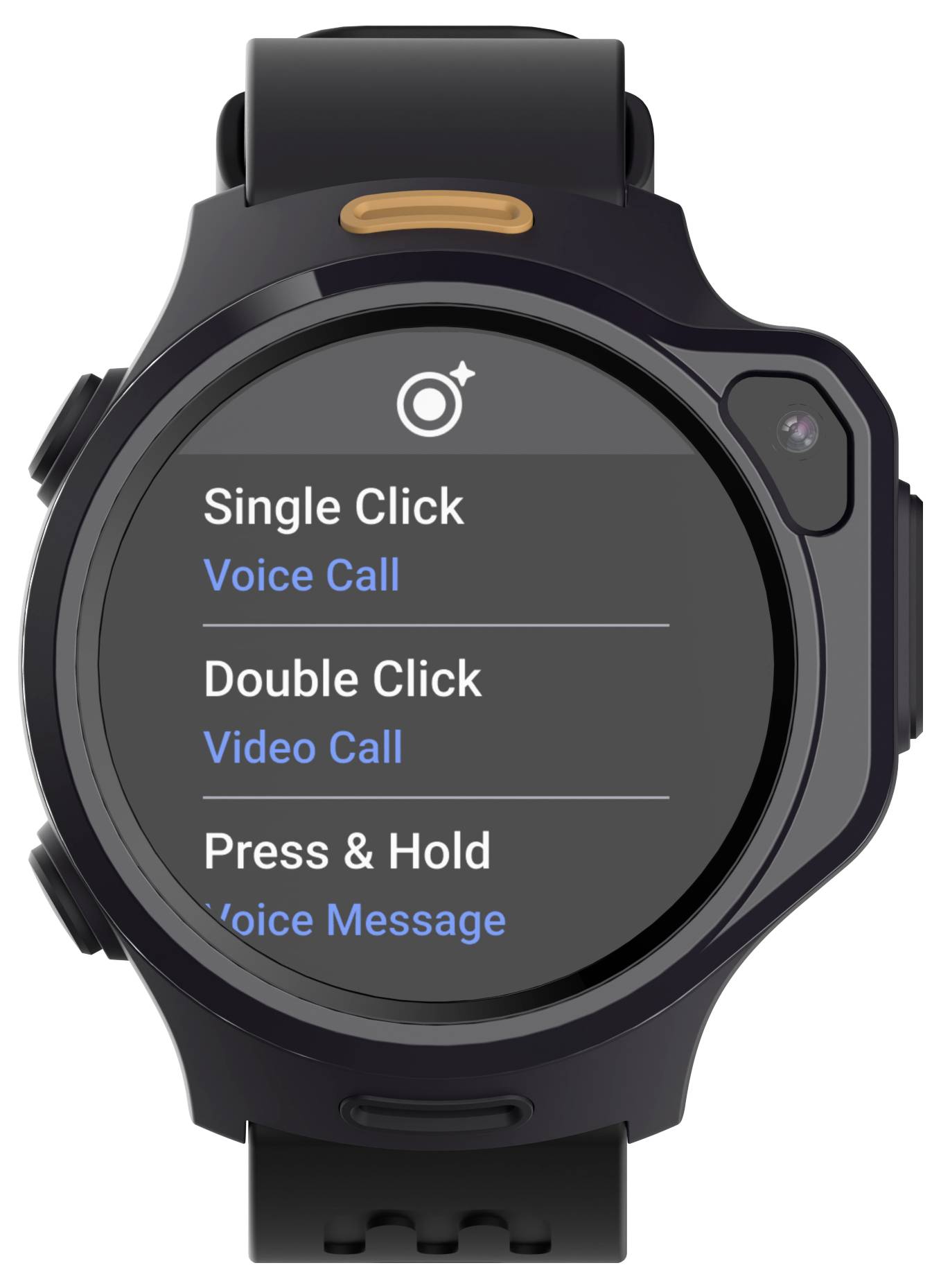Een smartwatch-scherm met opties voor 'Enkele Klik: Spraakoproep', 'Dubbele Klik: Videogesprek' en 'Ingedrukt Houden: Spraakbericht'.
