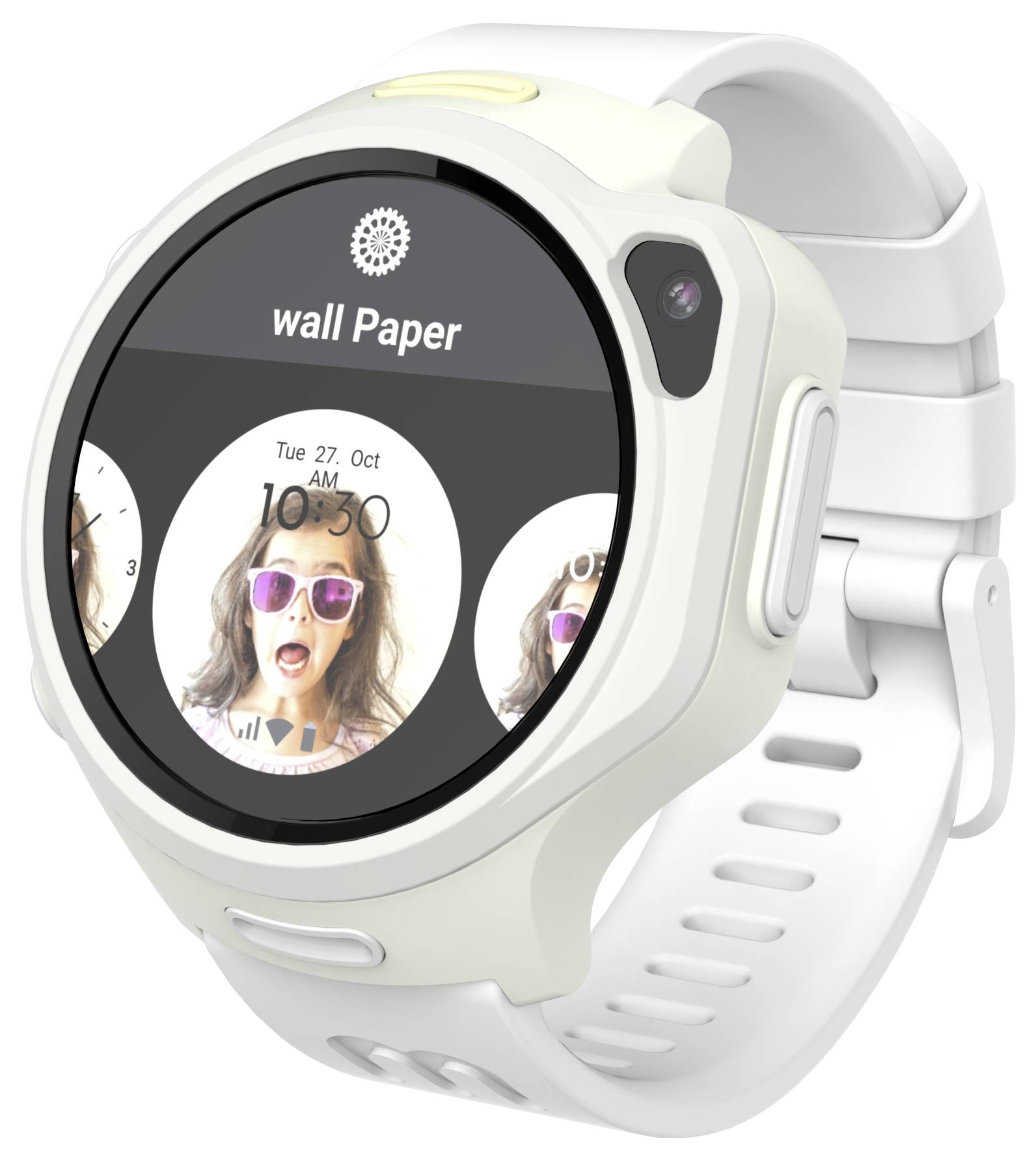 Een smartwatch waarop de tijd '10:30 AM' en datum 'Tue 27. Oct' wordt weergegeven, met een afbeelding van een vrouw met zonnebril, gelabeld als 'wall Paper'.