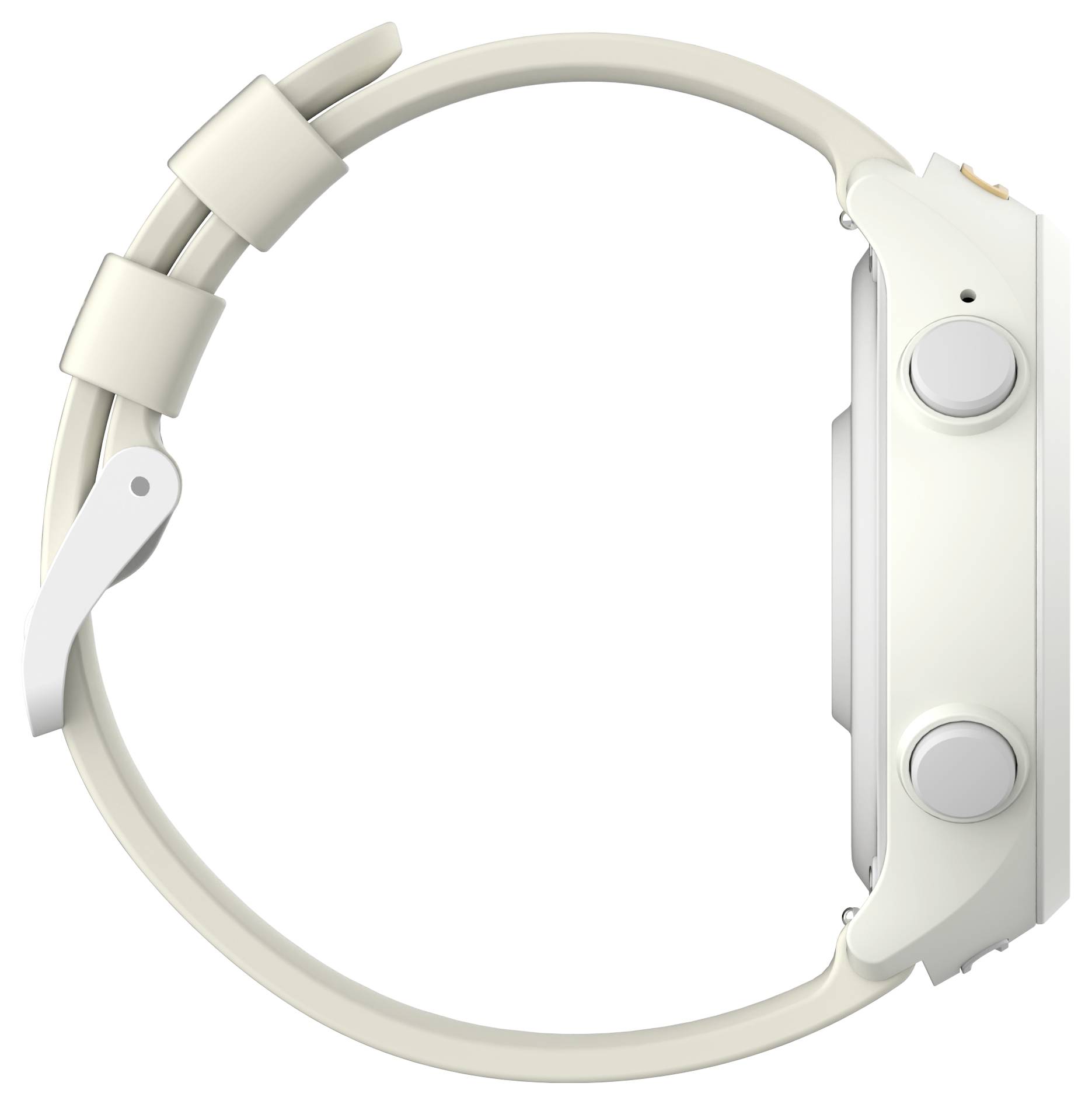 Een zijaanzicht van een draagbare horloge met een lichtgekleurde band en twee knoppen aan de zijkant.