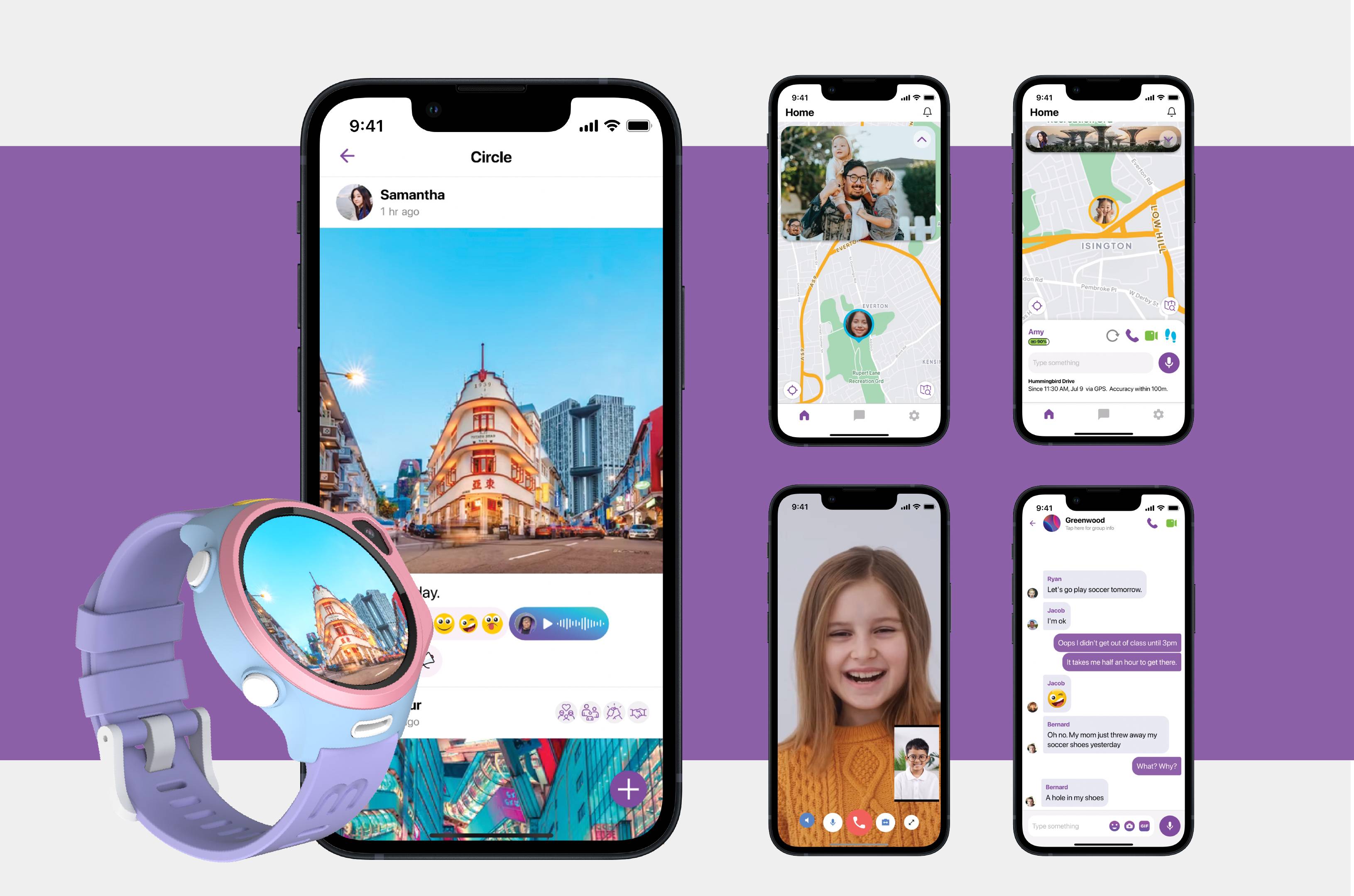 Smartphoneschermen tonen sociale media, kaarten en videogesprekken. Een smartwatch vertoont een stadsgezicht. De setting suggereert communicatie en connectiviteit.