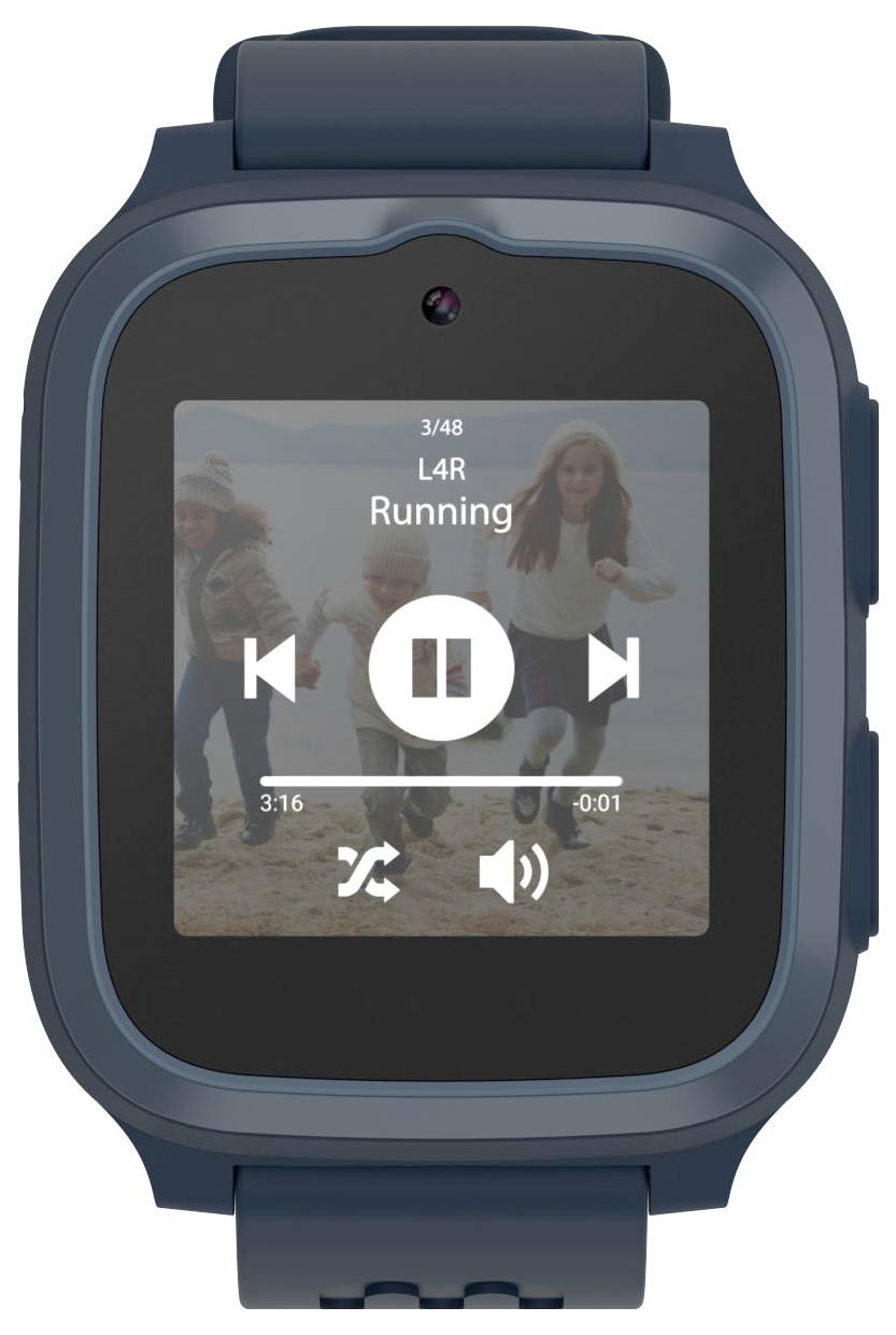 'Smartwatch waarop muziekspelerinterface wordt weergegeven met nummer "Running" van L4R dat speelt. Afspeel-, vooruit- en terugspoelbediening zichtbaar.'