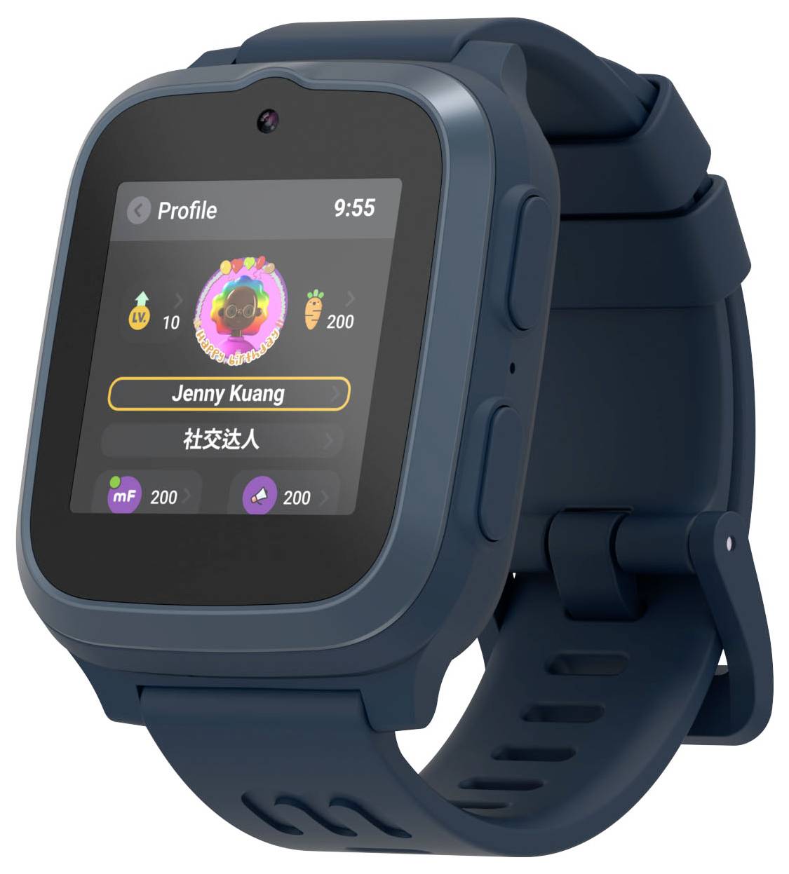 Een blauwe smartwatch toont een profielpagina met de naam 'Jenny Kuang', een kleurrijke badge, numerieke waarden en pictogrammen die activiteitsniveaus aangeven.