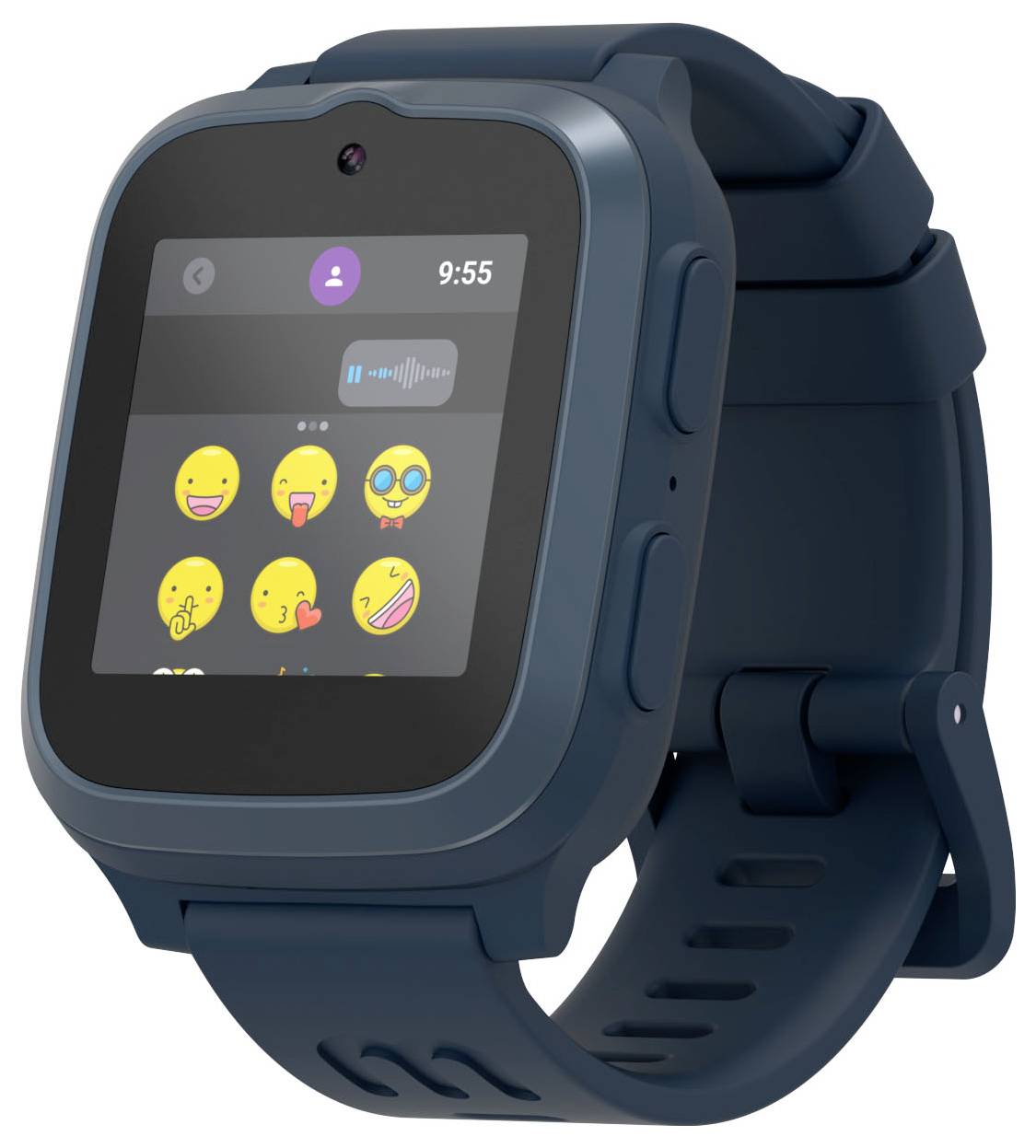 Een donker gekleurde smartwatch die verschillende emoji's op zijn scherm weergeeft, met een zichtbare camera boven het scherm, getoond onder een lichte zijhoek.
