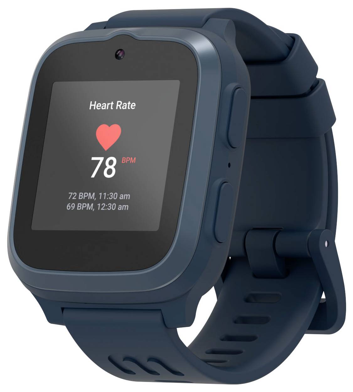 Een slimme fitness-horloge vertoont een hartslag van 78 slagen per minuut, met eerdere metingen die 72 slagen per minuut en 69 slagen per minuut op verschillende tijdstippen laten zien.