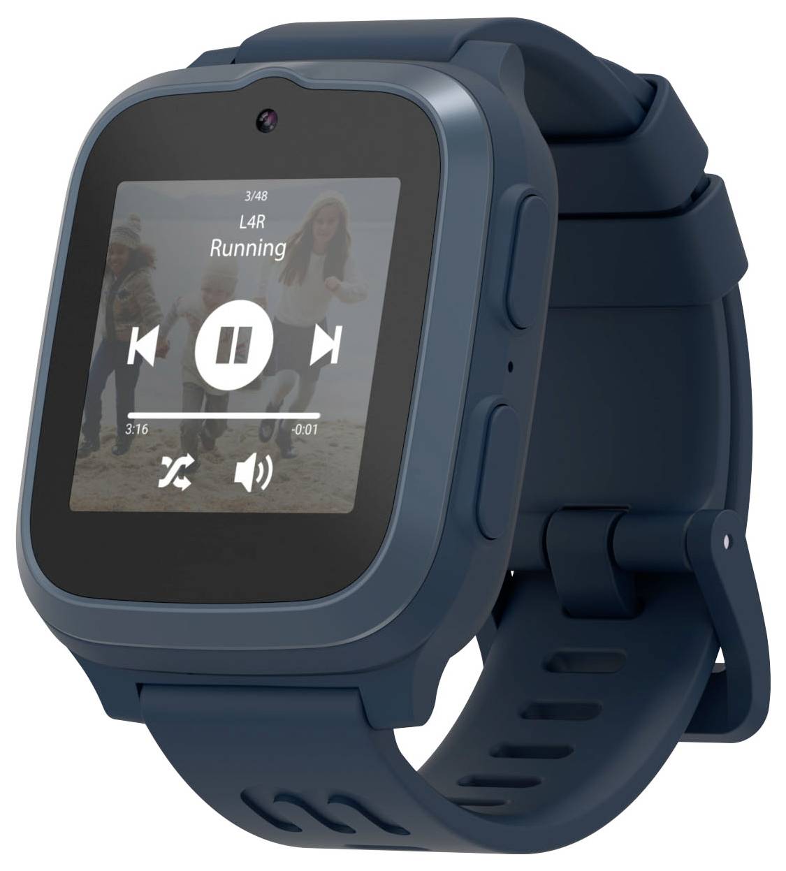 Smartwatch met een donkere polsband toont een muziekspelerinterface, waarop het nummer 'Running' van L4R wordt weergegeven. Speel-, volgende- en vorige knoppen zijn zichtbaar.