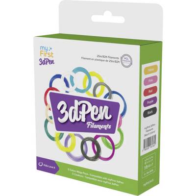 '3D-Pen Filamenten': Doos met kleurrijke filamentlussen voor 3D-pennen. Bevat geel, roze, rood, paars en zwart op het zijpaneel.
