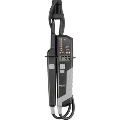 Voltcraft VC-63 stroomtangmeter met meetpennen, met een digitaal display dat 17.95 aangeeft en LED-indicatoren op het voorpaneel.