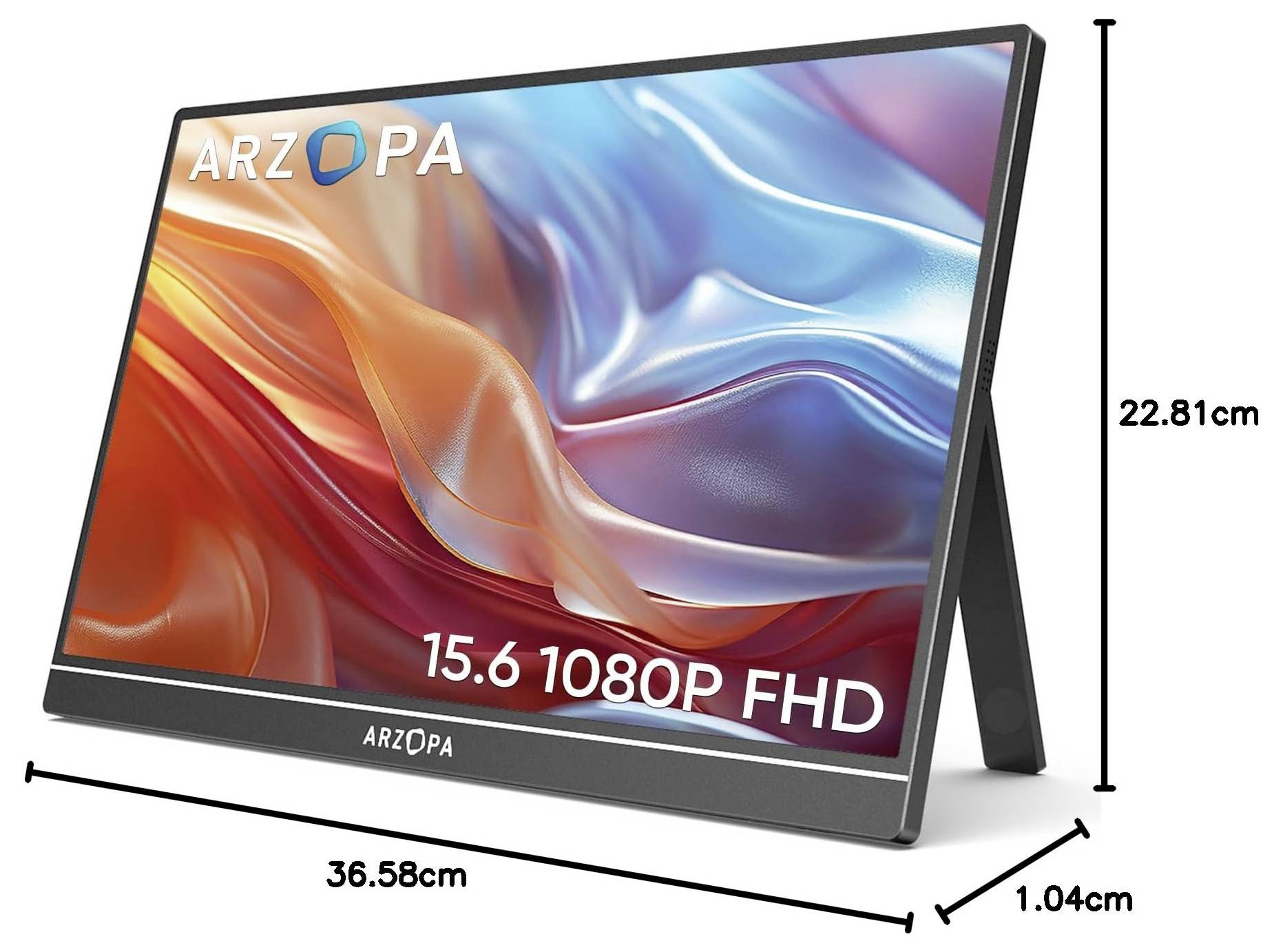 Een draagbare monitor met een 15,6-inch 1080p full HD-scherm. Hij beschikt over een standaard, en de afmetingen zijn 36,58 cm bij 22,81 cm bij 1,04 cm.