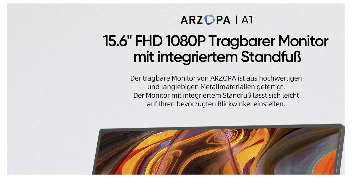 'Arzopa A1 15,6" Full HD 1080P draagbare monitor met geïntegreerde standaard. Gemaakt van hoogwaardig metaal, verstelbaar voor de gewenste kijkhoek.'