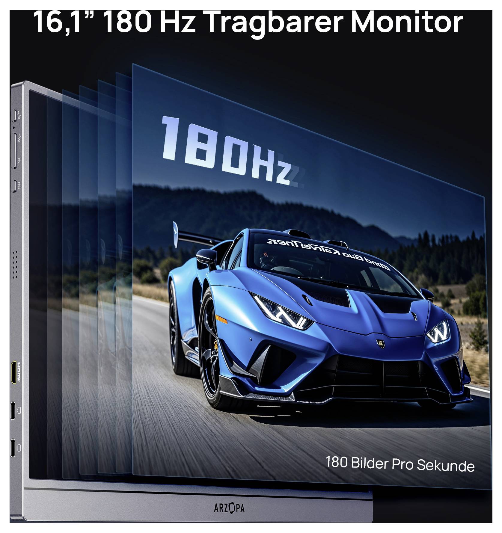 '16,1" 180 Hz Draagbare Monitor' met een auto die rijdt op een weg, waarbij de hoge verversingssnelheid wordt getoond door vervaagde beelden die beweging aangeven.