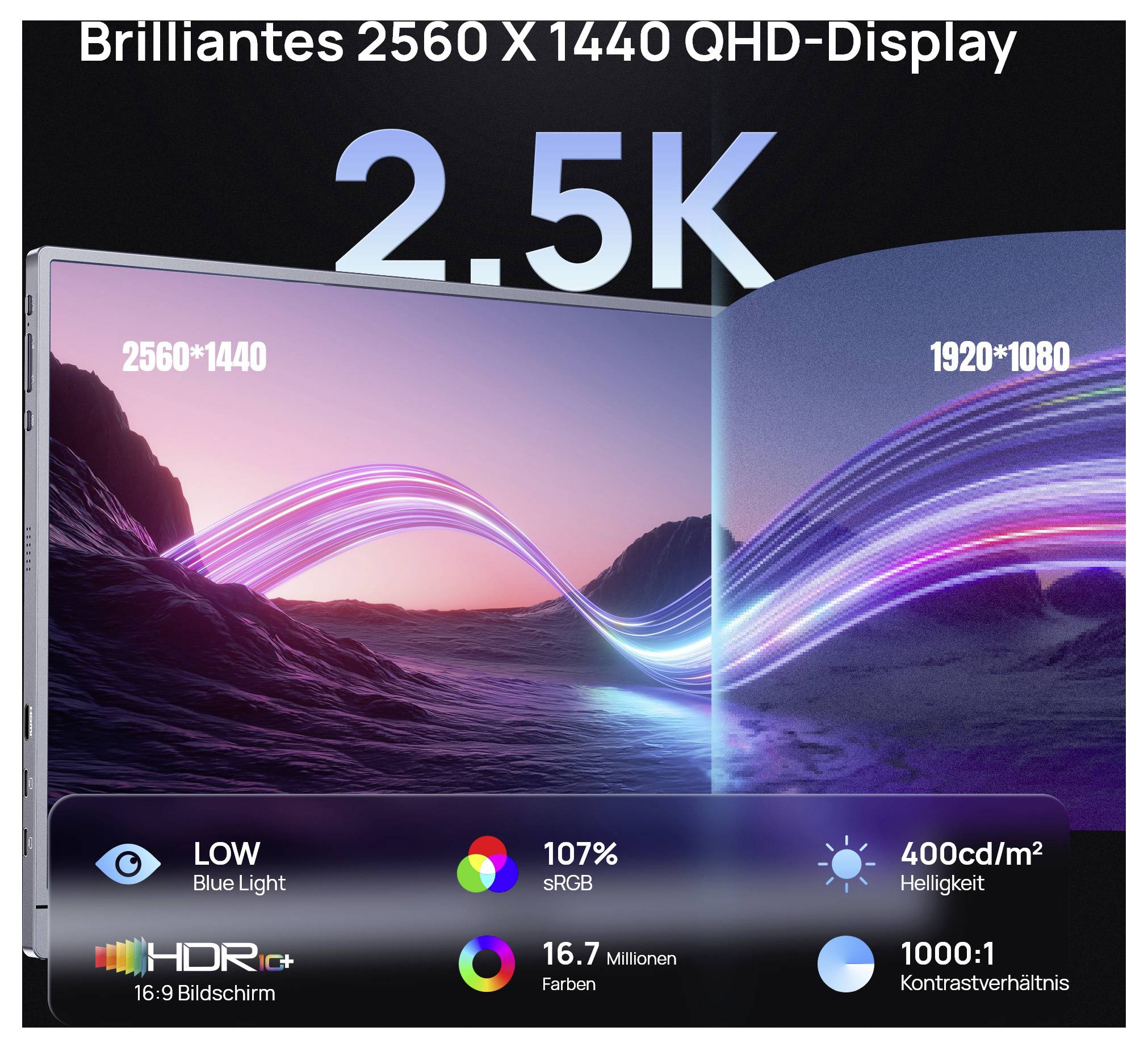 'Briljant 2560 x 1440 QHD-Display' boven een scherm met levendige kleuren en specificaties: 2.5K, laag blauw licht, 107% sRGB, HDR, 16,7 miljoen kleuren.