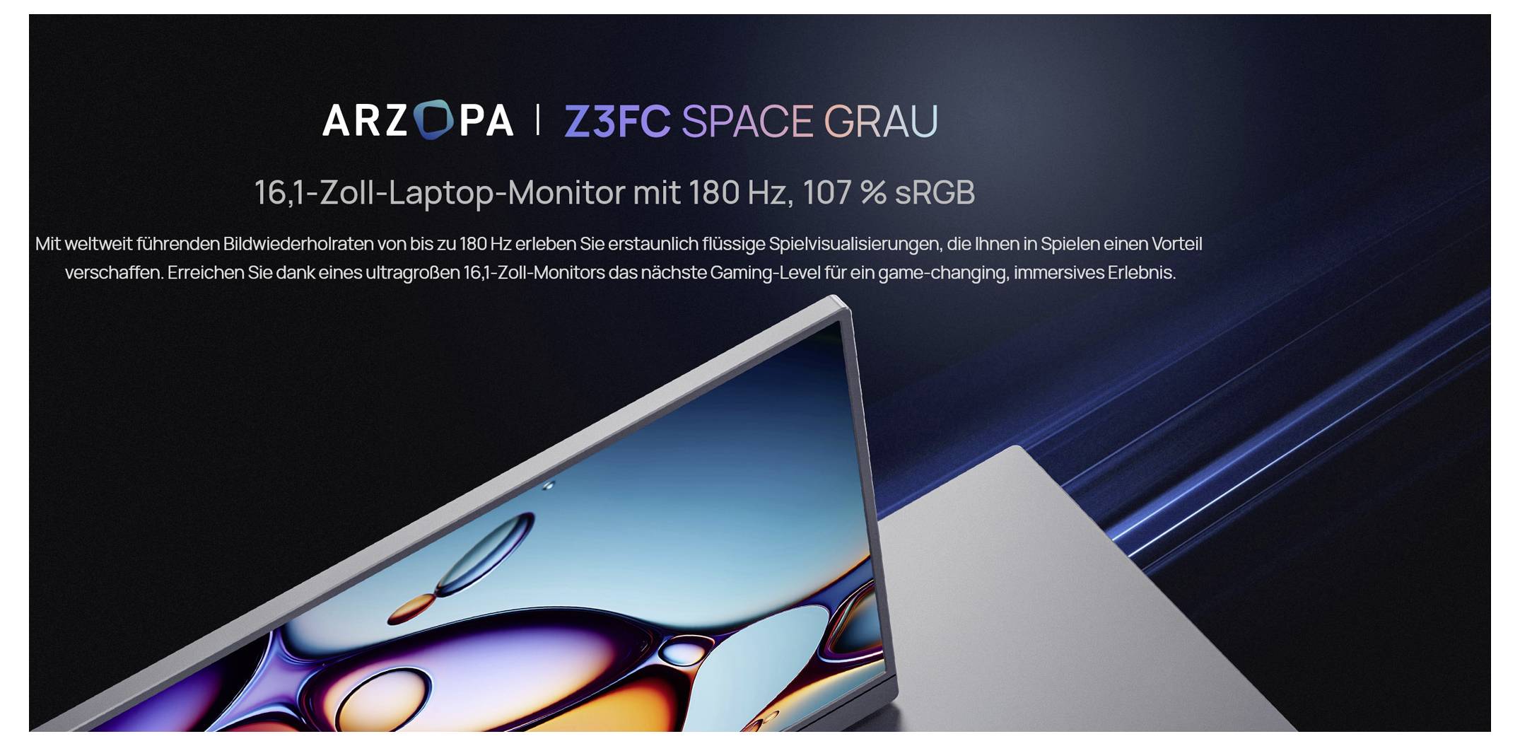 De afbeelding toont een advertentie voor de 'ARZOPO Z3FC SPACE GRAU', een 16,1-inch laptopmonitor met 180 Hz verversingssnelheid en 107% sRGB-dekking.