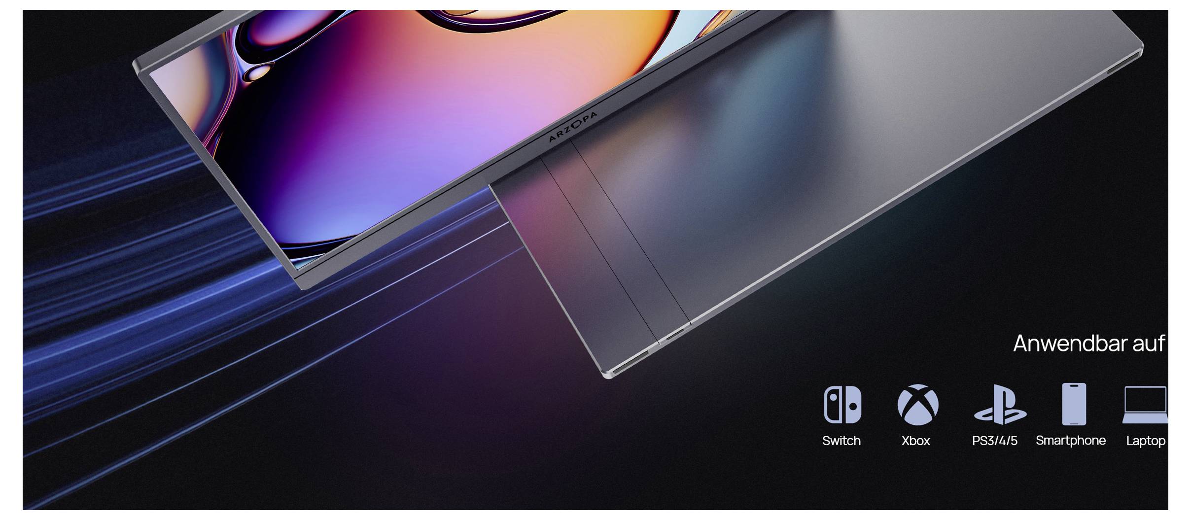 Een strak, futuristisch design laptop half opengevouwen met levendige, kleurrijke schermgraphics. Pictogrammen onderaan suggereren compatibiliteit met Switch, Xbox, PS4/5, Smartphone en Laptop.