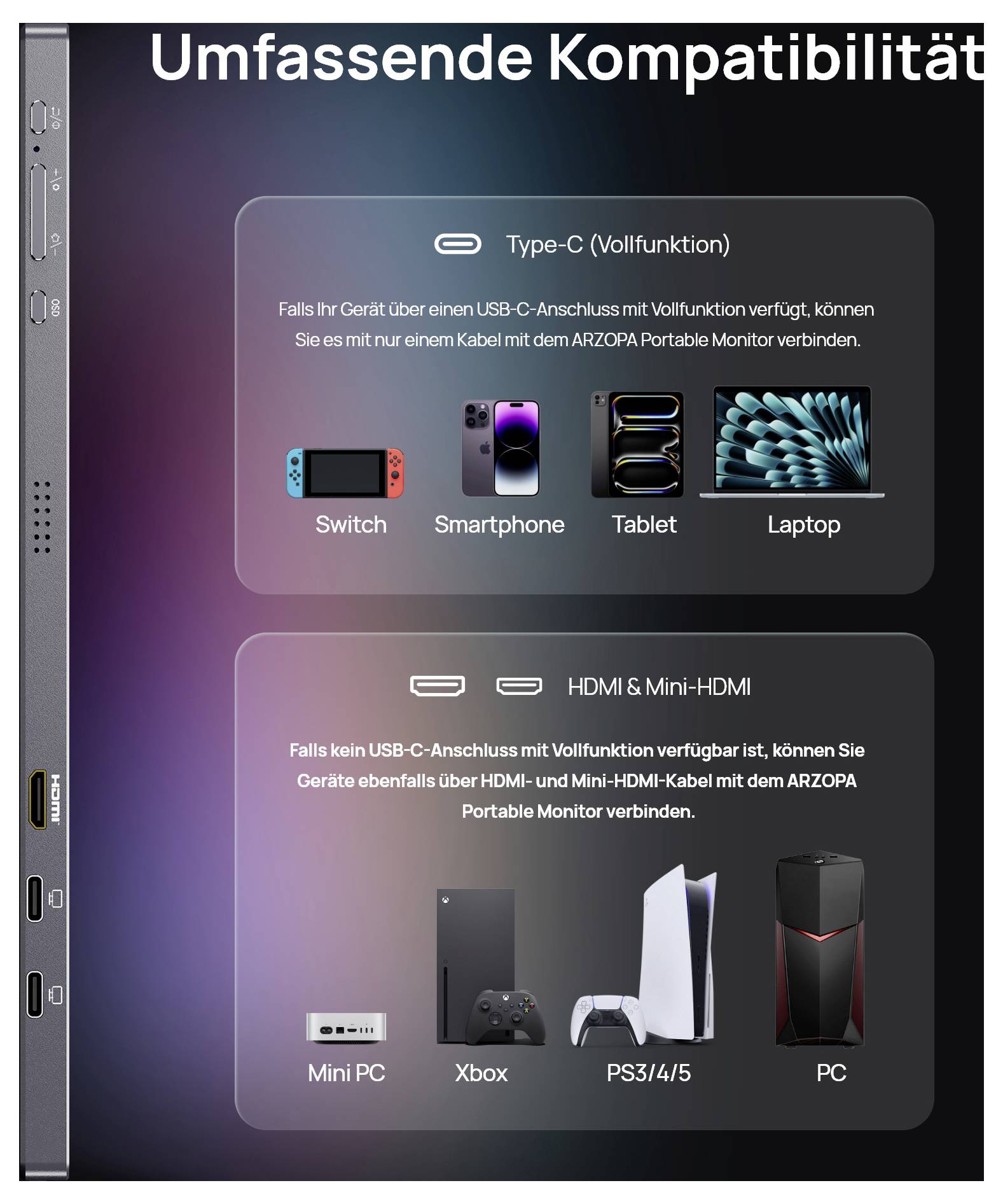 Compatibiliteit met meerdere apparaten: 'Switch', 'Smartphone', 'Tablet', 'Laptop', 'Mini PC', 'Xbox', 'PS3/4/5', 'PC', via Type-C, HDMI en Mini-HDMI aansluitingen.