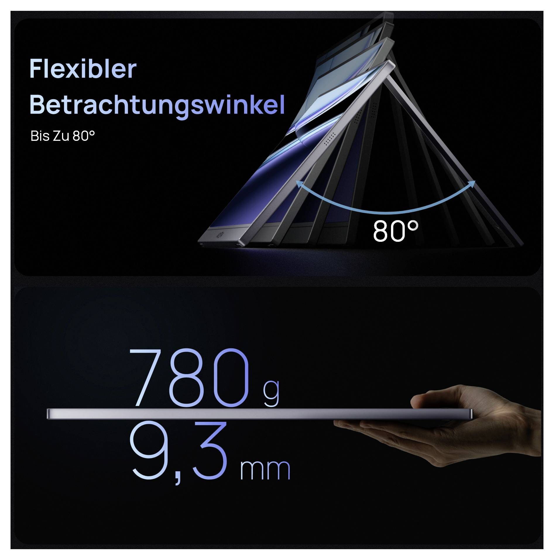'Flexibele kijkhoek tot 80°' met weergave van schermkantelmogelijkheden. Daaronder specificaties: '780g' gewicht en '9,3mm' dikte.