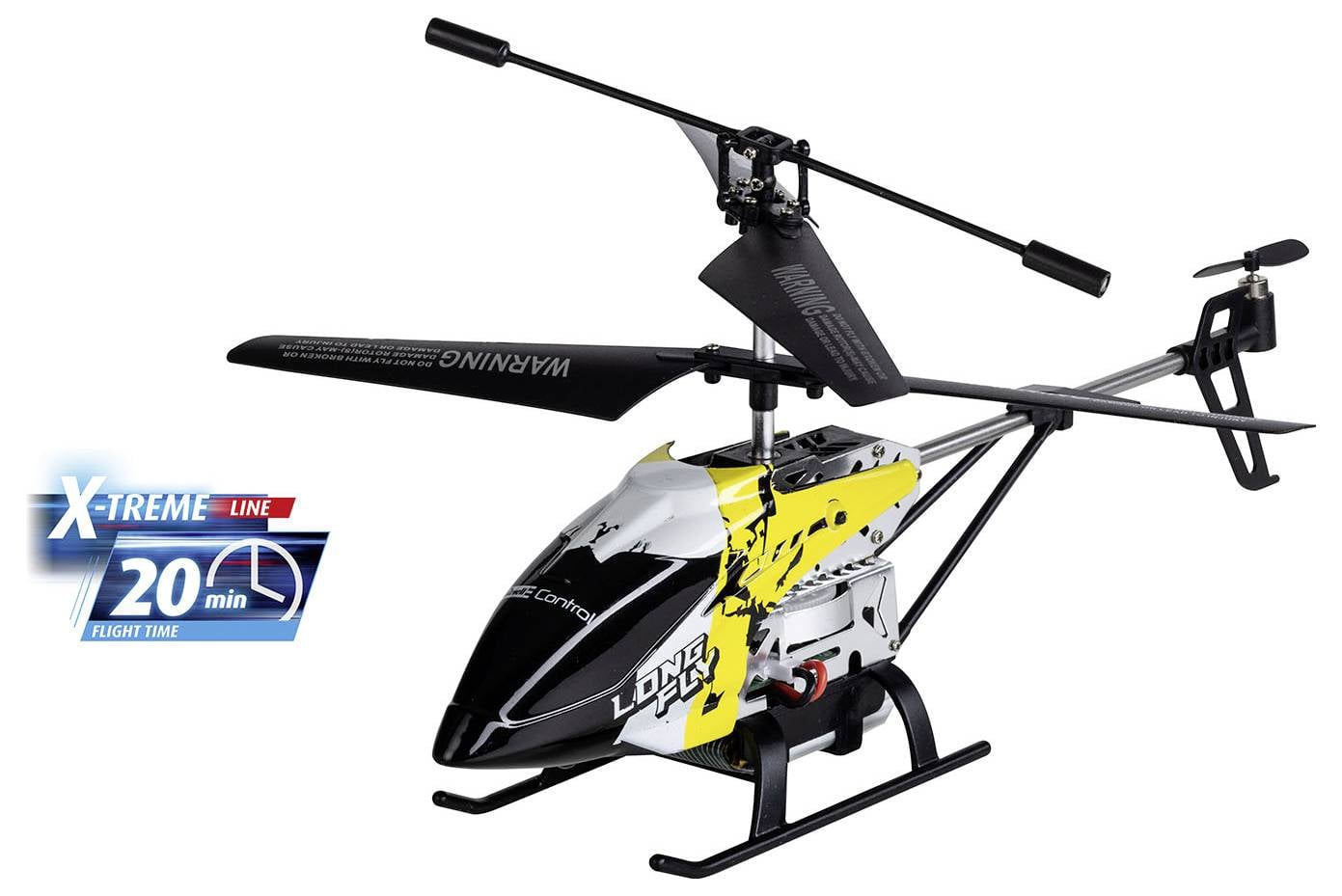 Een afstandsbediende helikopter met gele en zwarte details en twee rotors. Tekst op de romp leest 'Loki'. Een icoon vermeldt 'X-TREME Lijn, 20 min vliegtijd'.