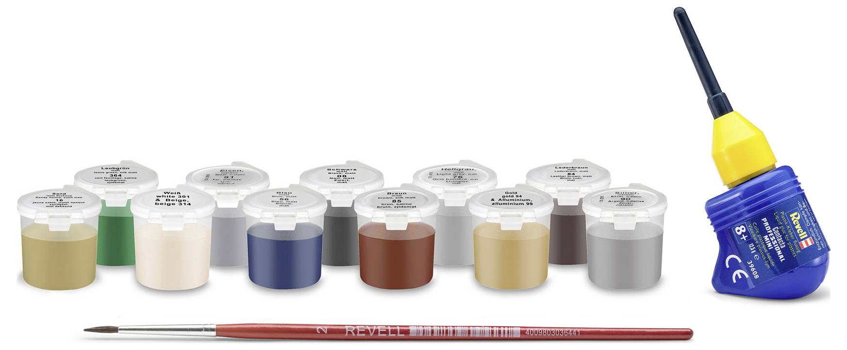Revell modelverf set met 12 kleuren in kleine potjes, een dunne verfkwast en een tube lijm, gebruikt voor hobbymatige schildertaken.