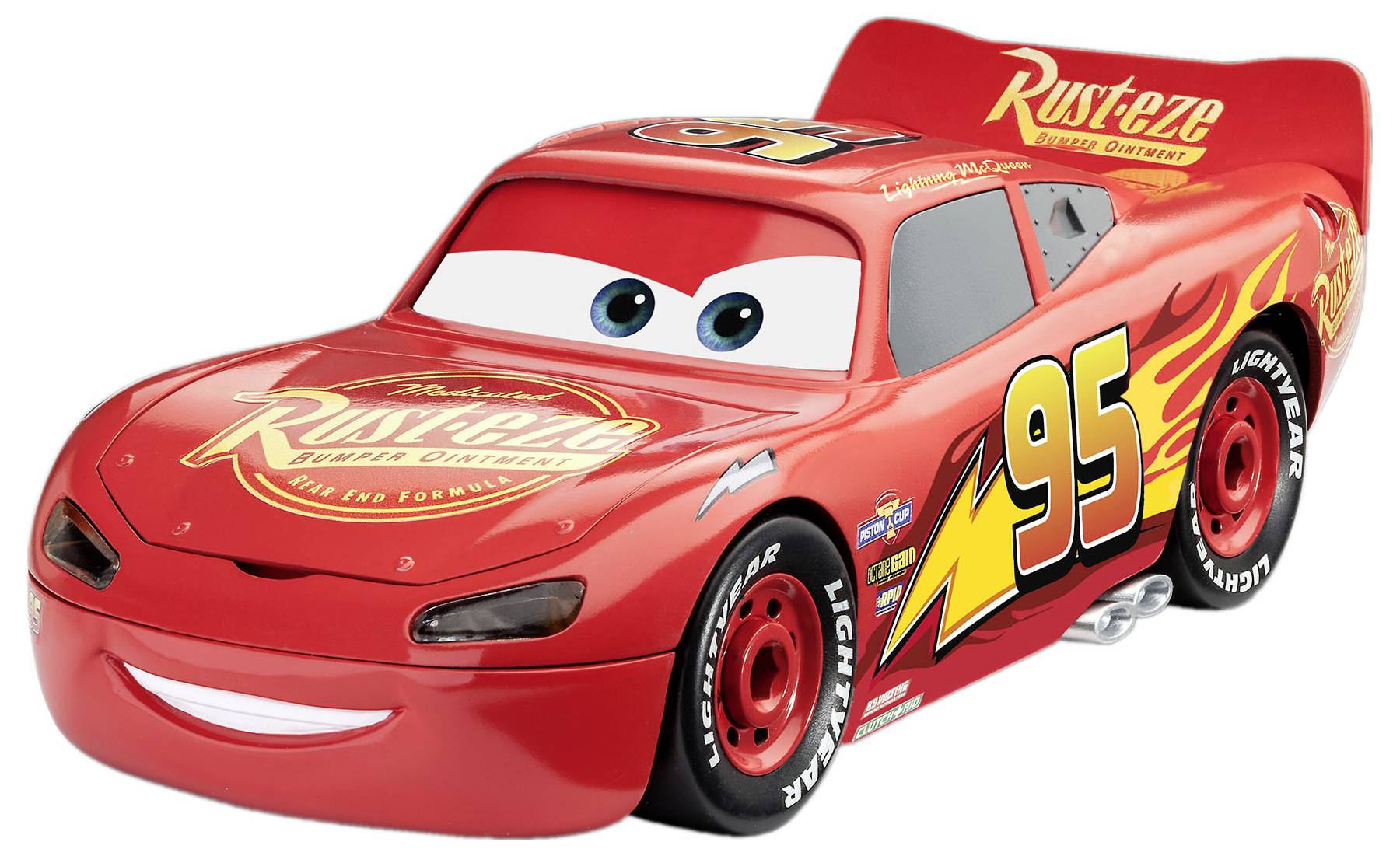 Een rode geanimeerde raceauto met grote ogen en een vriendelijke uitdrukking, gelabeld als '95', met een vlamontwerp en 'Rust-eze' op de motorkap.