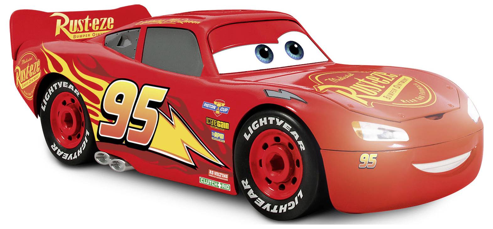Een rode geanimeerde raceauto met nummer 95, grote ogen op de voorruit, en sponsorlogo's, inclusief 'Rust-eze', op de carrosserie.