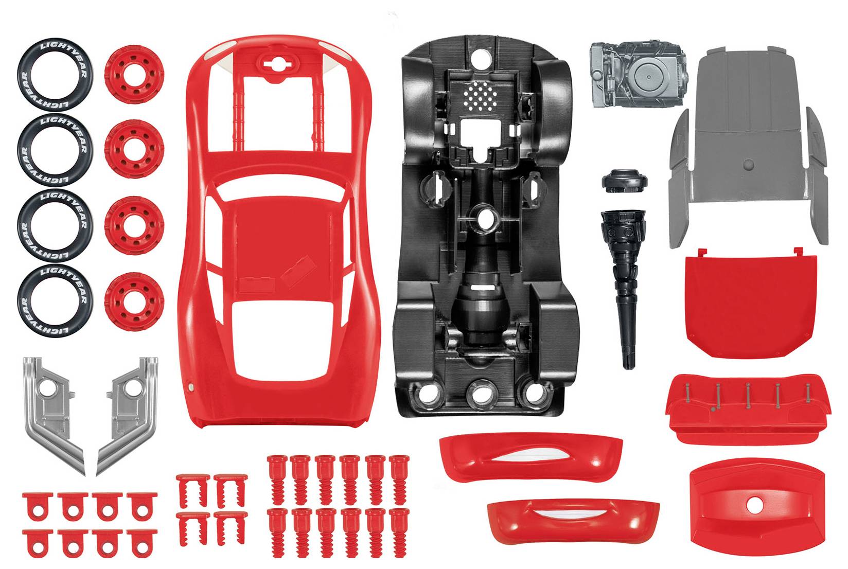 'Rode en zwarte speelgoedauto-kit met verschillende onderdelen, waaronder wielen, carrosserie, chassis en schroeven, netjes gerangschikt voor assemblage.'