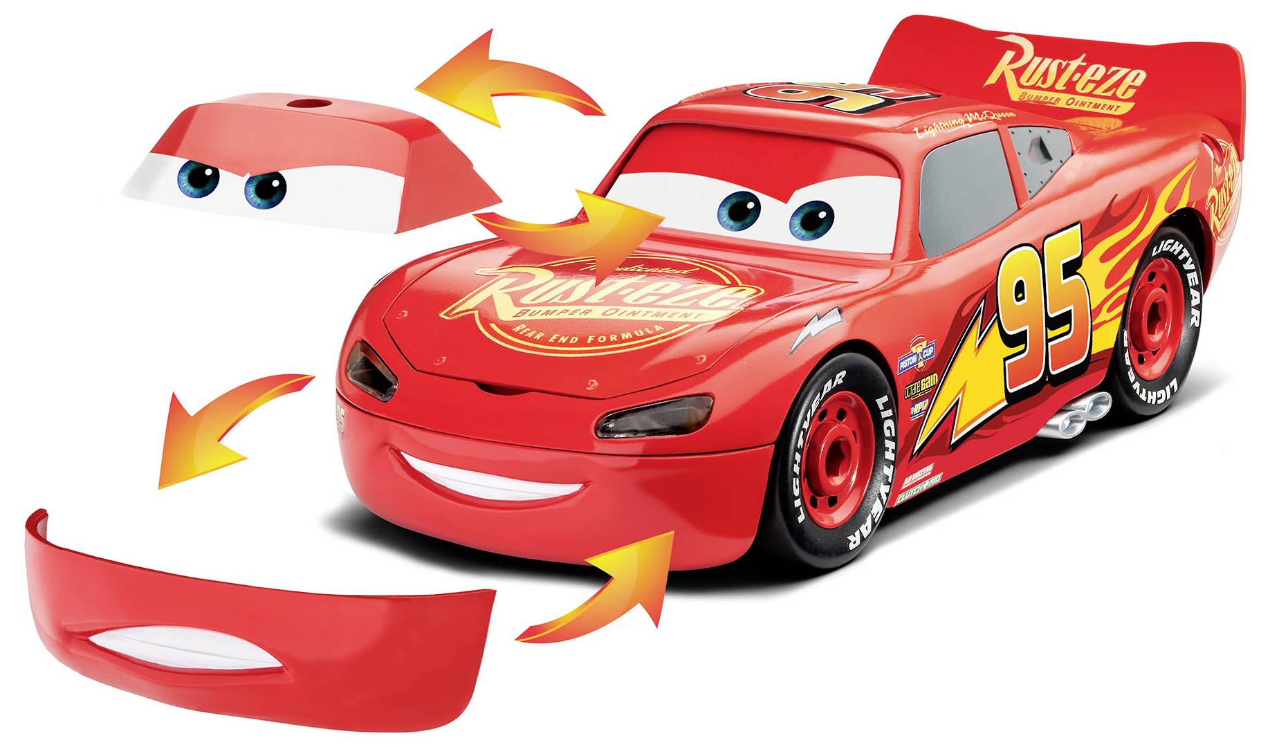 Een rode speelgoed racewagen met stickers, voorzien van een afneembare motorkap en bumper, die lijkt op een personage met expressieve ogen en een lachende voorkant.